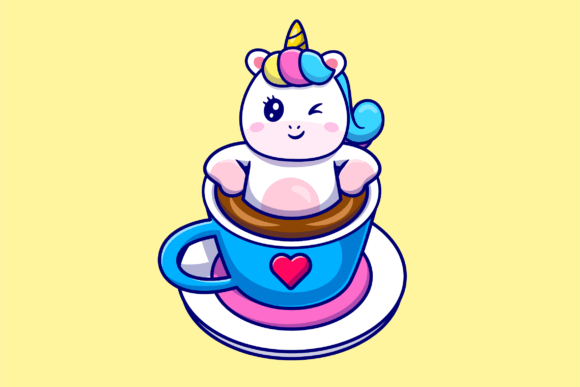 Cute Unicorn Relaxing in Coffee Cup: Graphic Illustrations