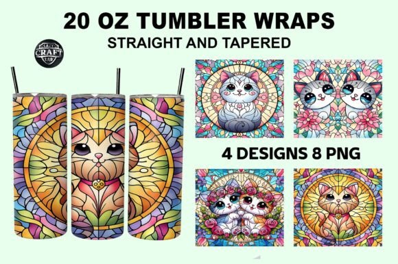 Stained Glass Cute Cat Tumbler Wrap PNG: Graphics & Tumbler Wraps